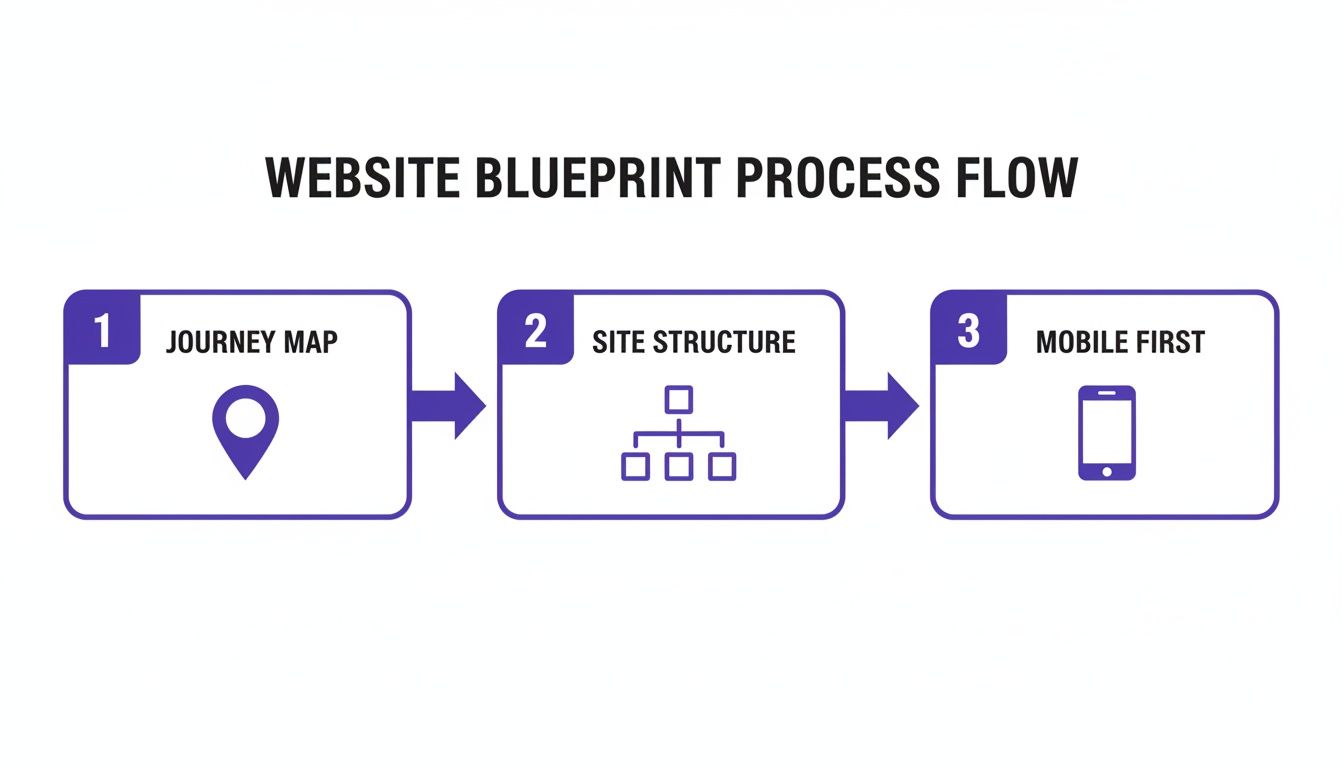 A website blueprint process flow showing three steps: journey map, site structure, and mobile first.