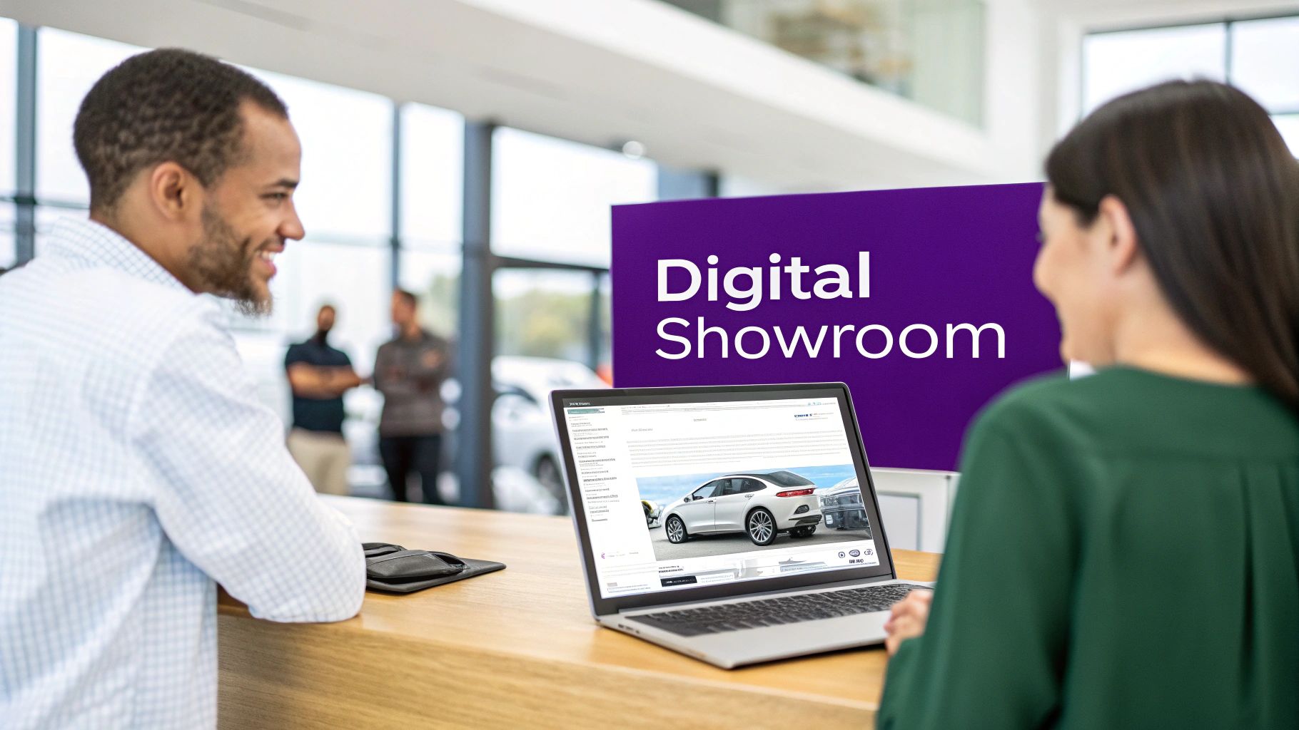 Two people smiling and looking at a laptop displaying a car on a website in a digital showroom.