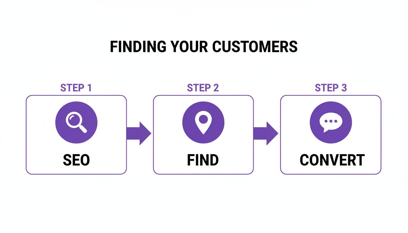 Three-step process diagram for finding customers: SEO (magnifying glass), Find (location pin), Convert (chat bubble).