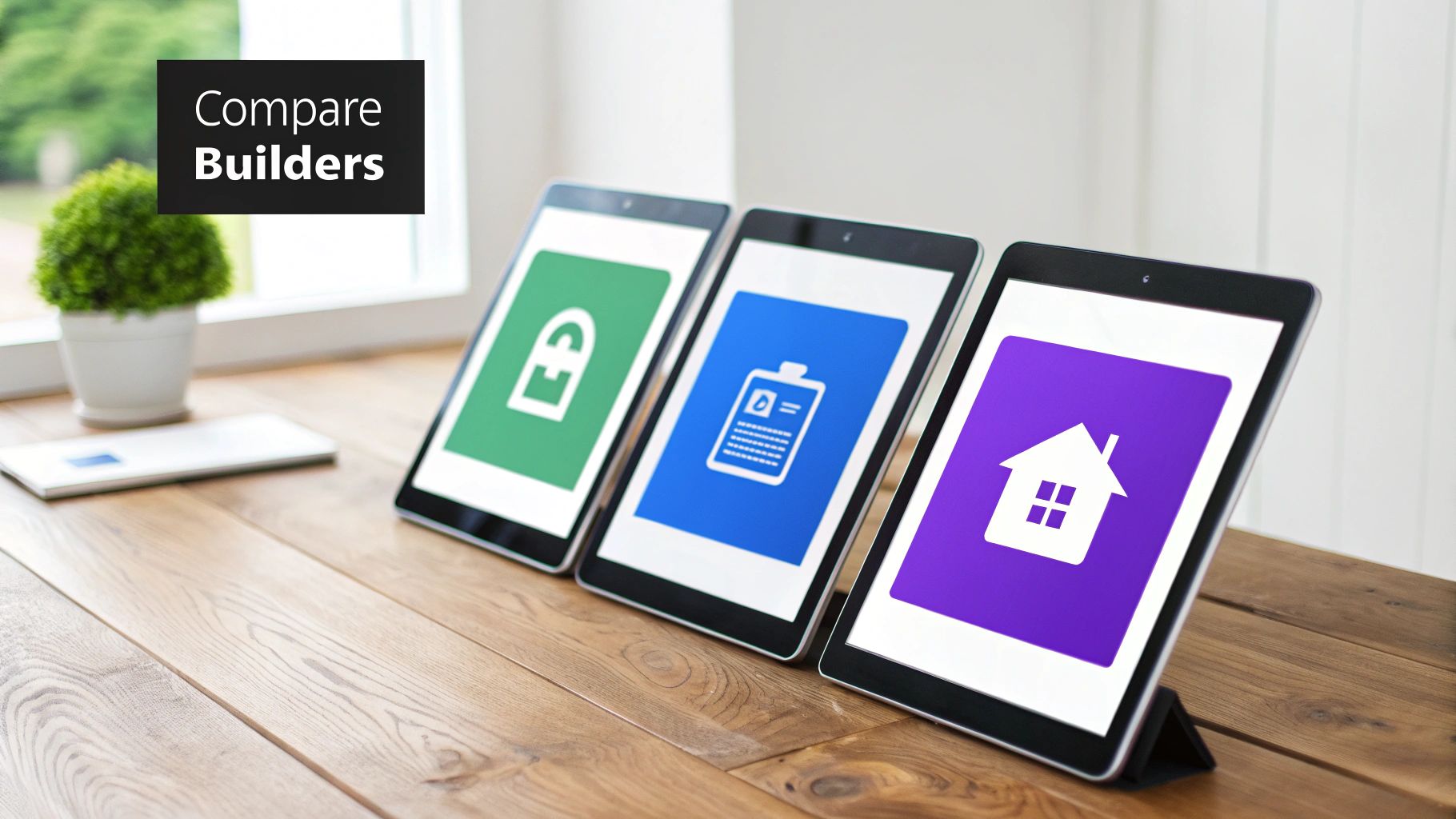 Three tablets displaying icons for building services on a wooden desk, with 'Compare Builders' text.