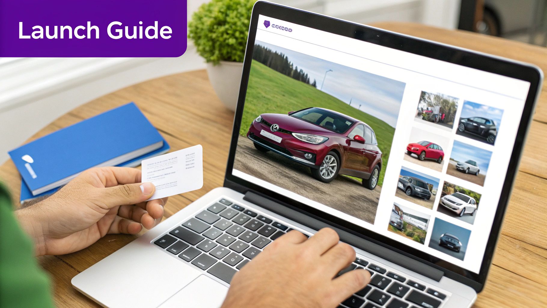 Hands typing on a laptop showing a car sales website with multiple car images, including a red sedan.