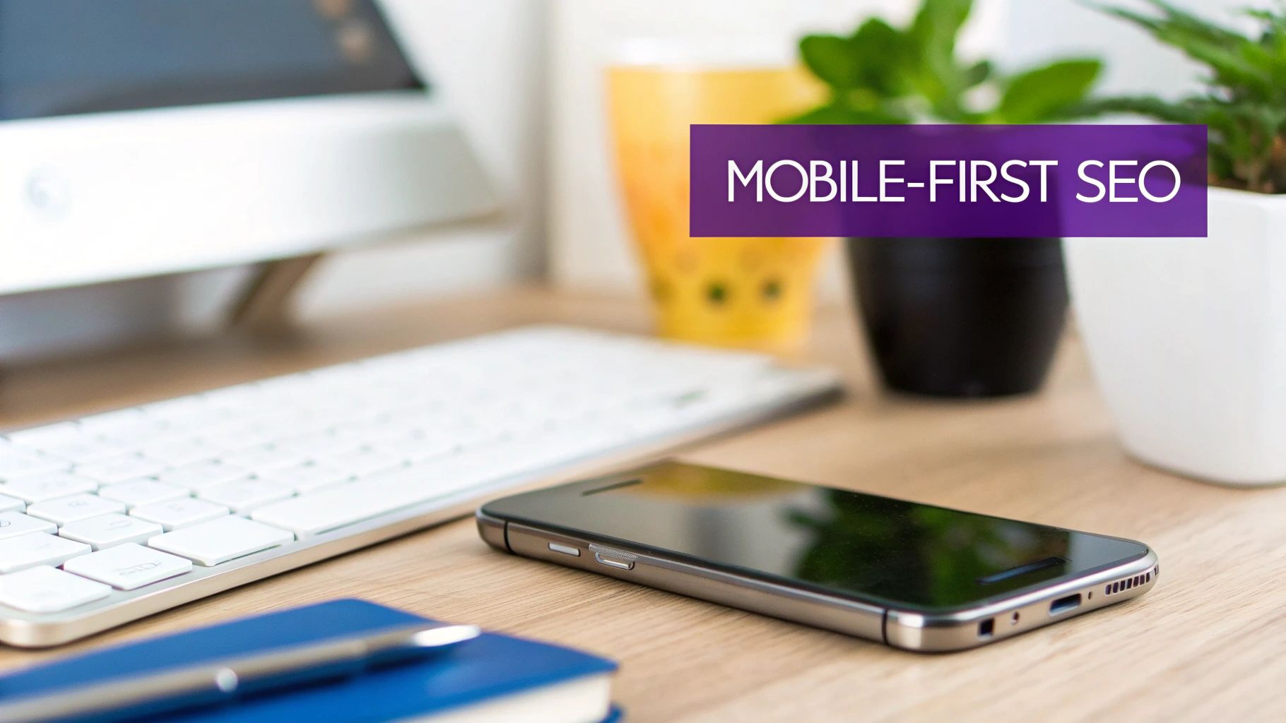 A modern workspace with a smartphone, keyboard, monitor, and plants, featuring a 'MOBILE-FIRST SEO' banner.