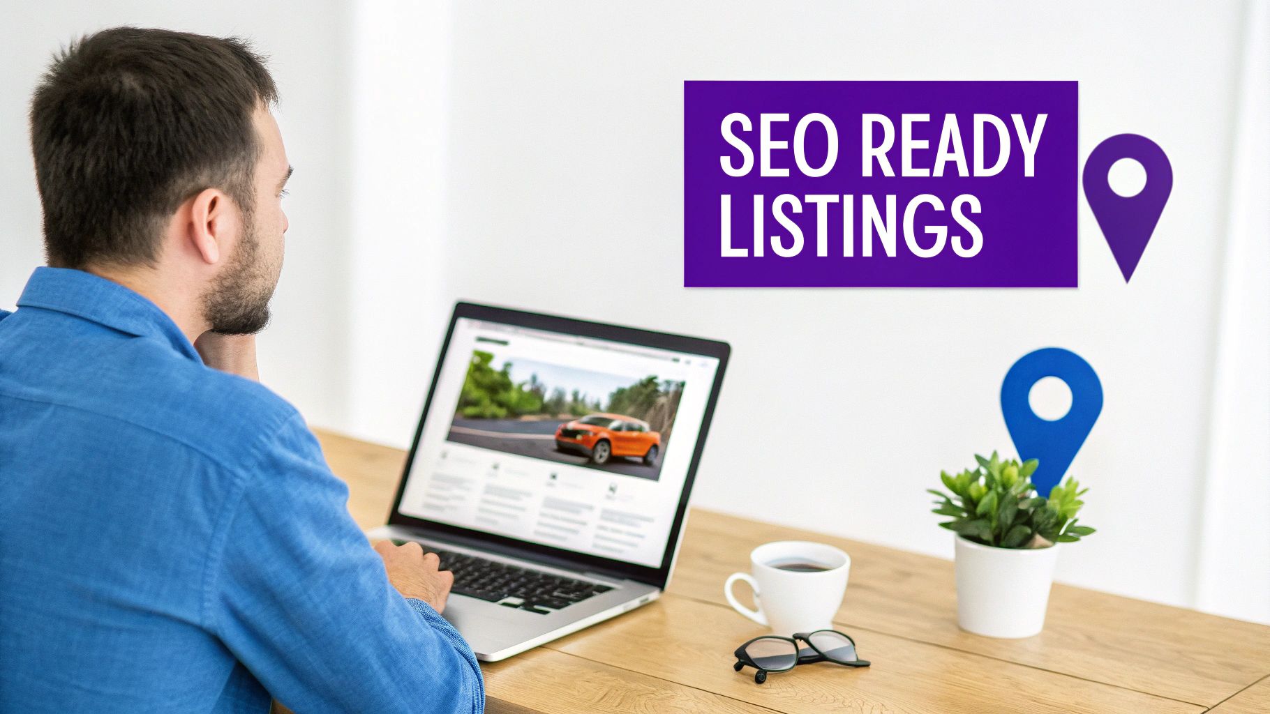 Man in a blue shirt working on a laptop displaying automotive listings, with 'SEO READY LISTINGS' text.