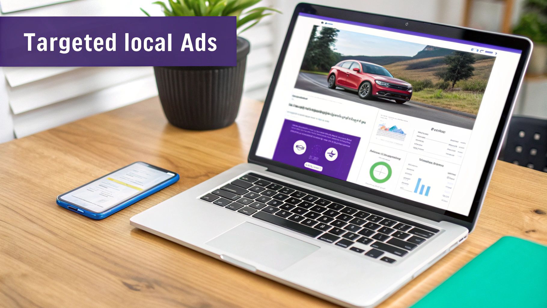 Laptop displaying a digital marketing dashboard for automotive ads, with a smartphone and a 'Targeted local Ads' banner.