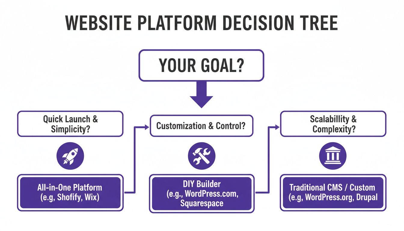 A decision tree diagram for choosing a website platform based on goals like quick launch, customization, or scalability.