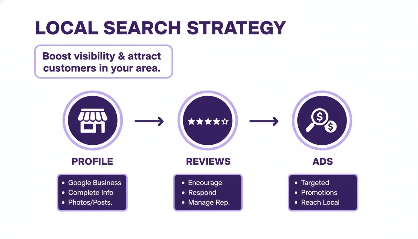 Infographic illustrating a local search strategy to boost visibility and attract customers using profile, reviews, and ads.