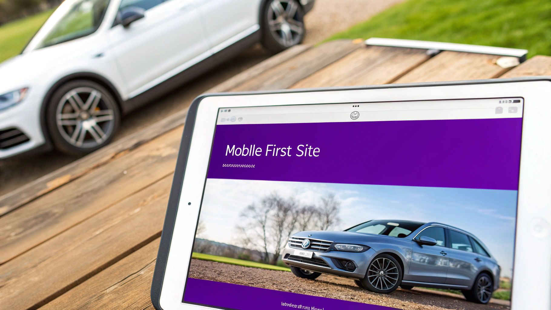 A tablet displays a 'Mobile First Site' featuring a silver car, with a white car in the blurred background.