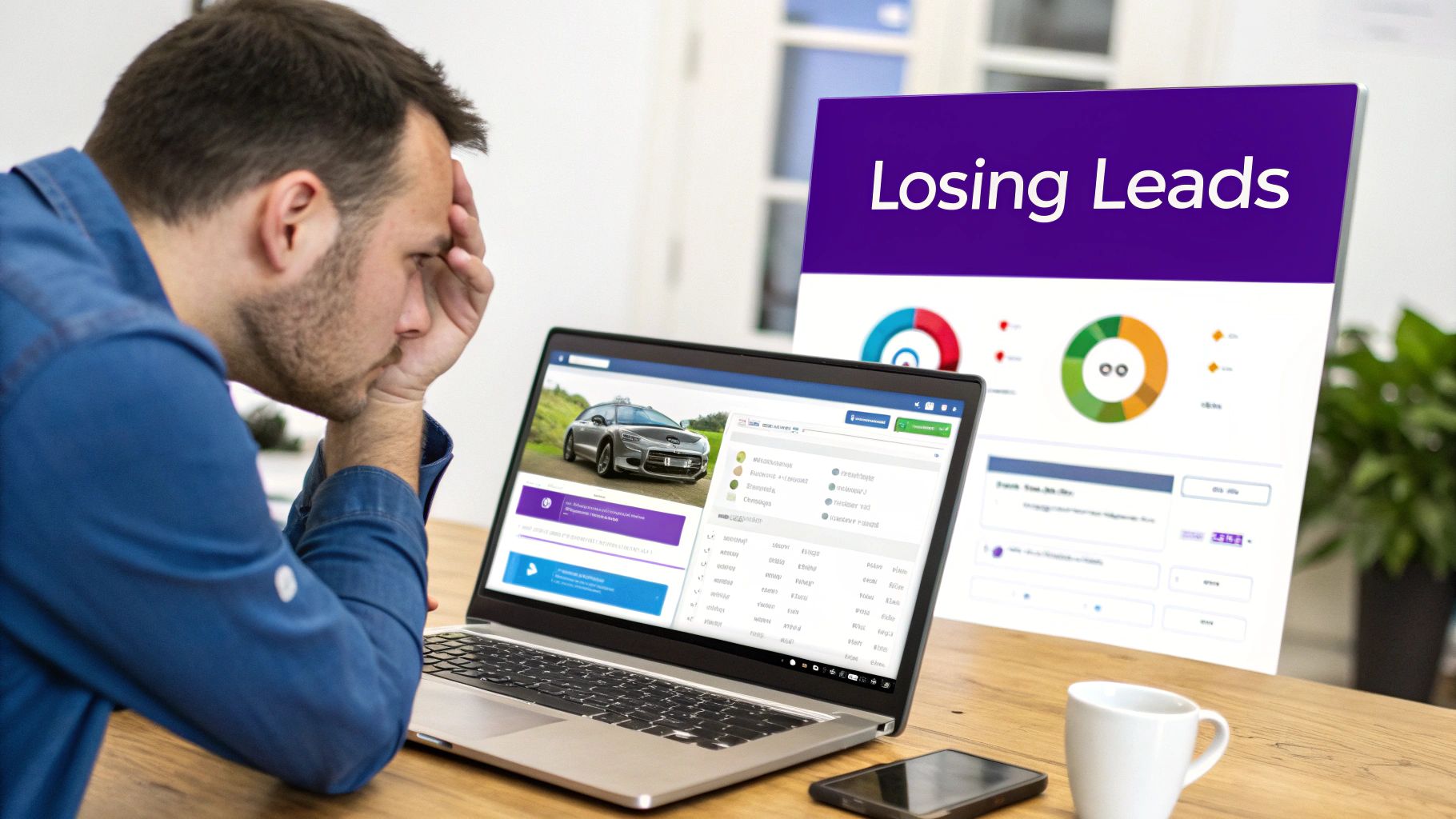 Stressed man looking at a laptop and a screen displaying 'Losing Leads' with data charts.