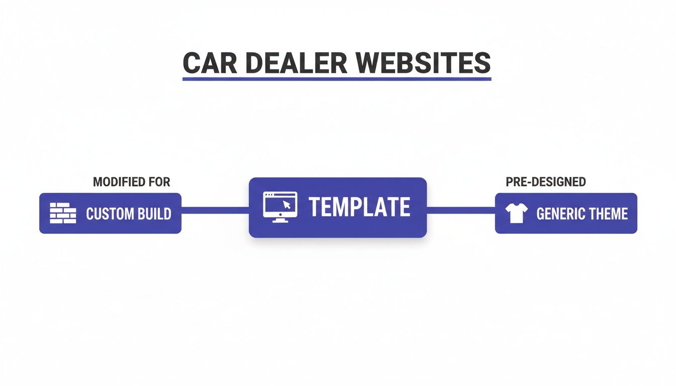 Diagram illustrating car dealer website types: custom build from templates or pre-designed generic themes.