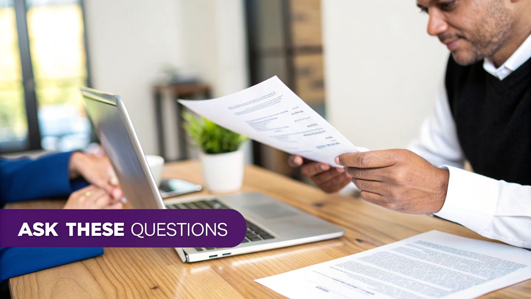 Two professionals in a meeting, one reading a resume and the other working on a laptop.