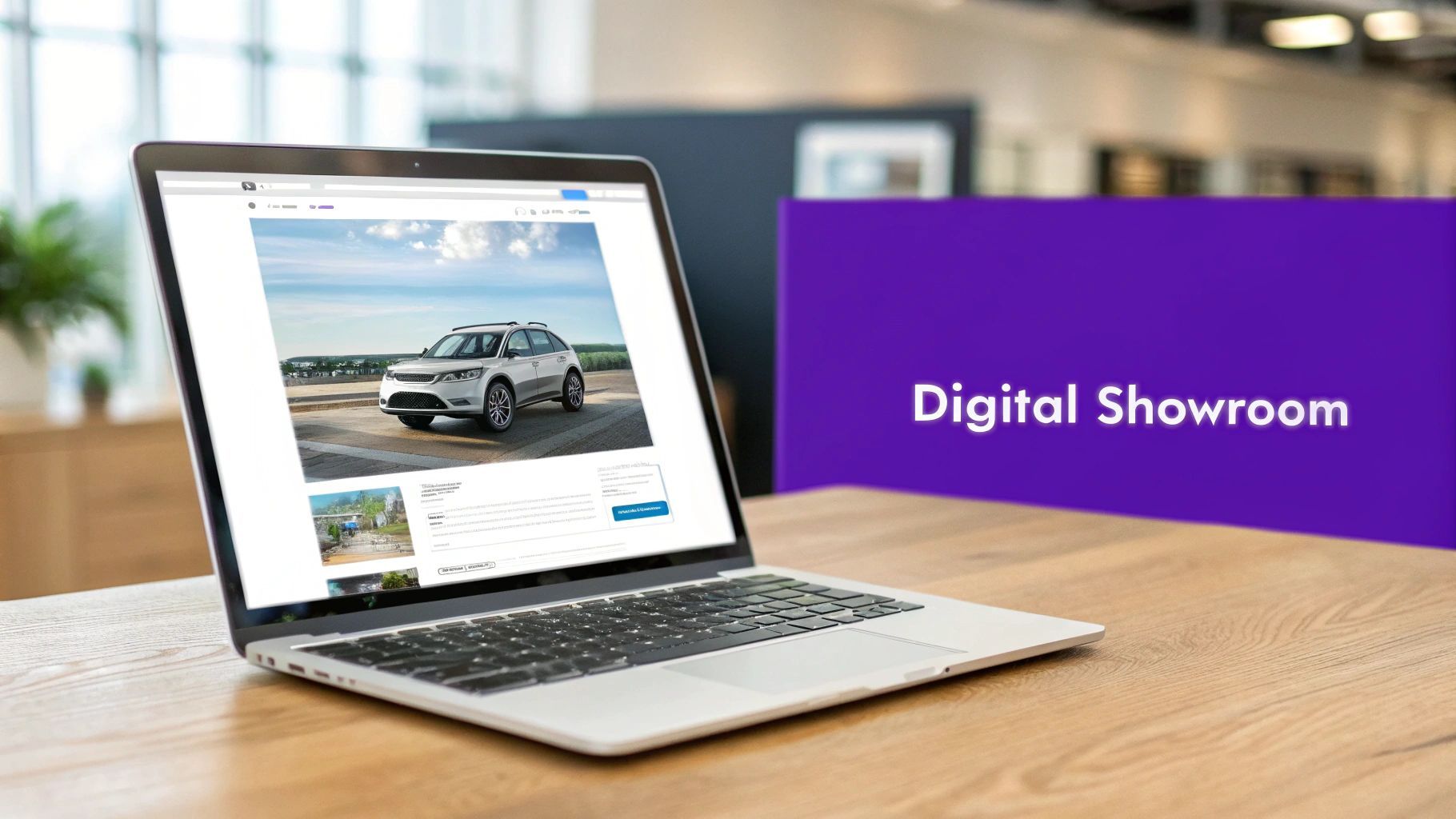 A silver laptop on a wooden table displays an auto dealer website featuring a white SUV and 'Digital Showroom' text.