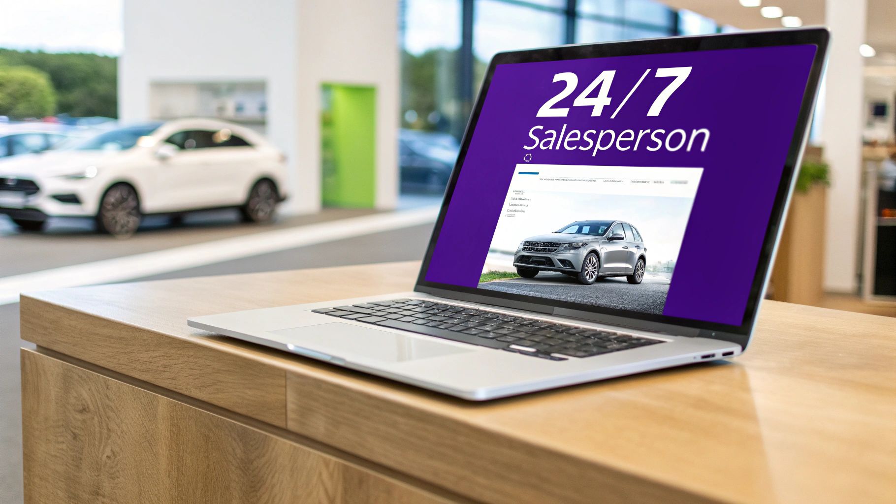 A laptop displaying a '24/7 Salesperson' interface with a car image in a modern car dealership showroom.