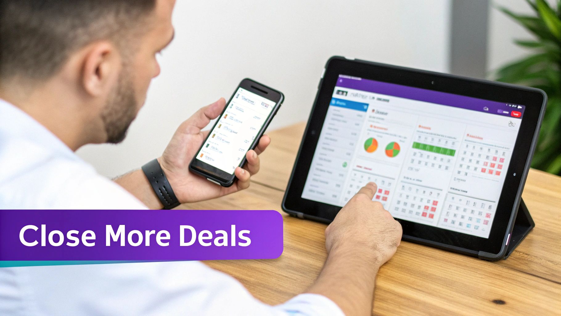 Man using a smartphone and tablet simultaneously to manage sales leads and close deals.